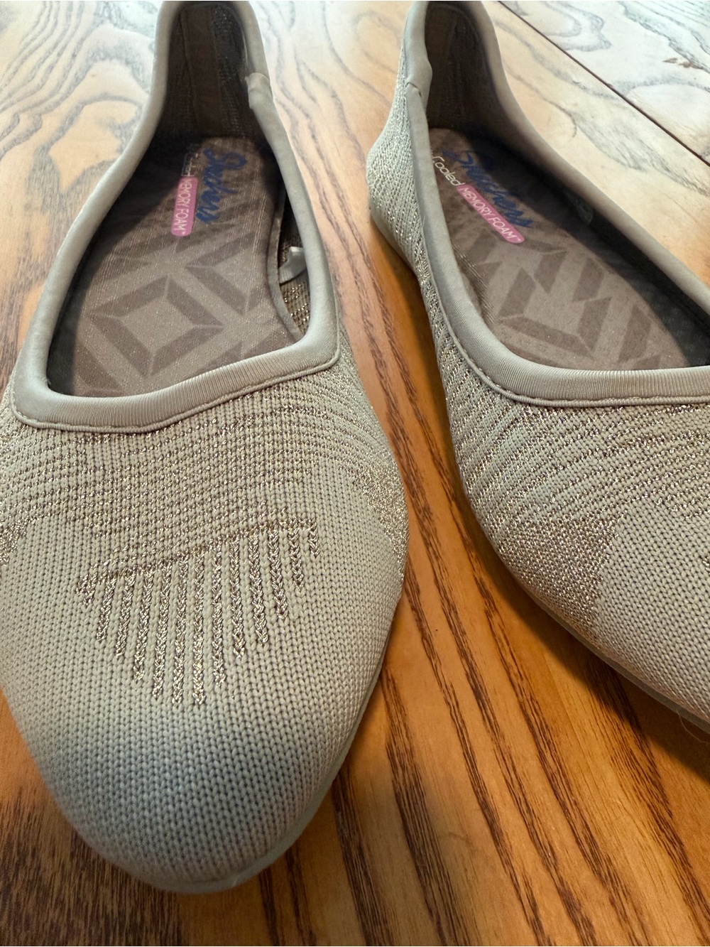 Skechers Women’s Memory Foam, Beige w/ Silver Metallic Accent Knit Slip-On Flats